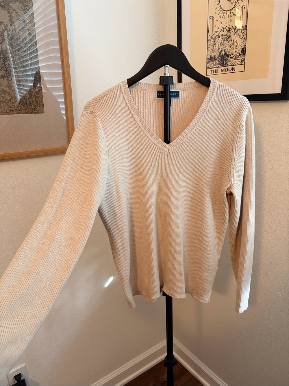 Karen Scott V-Neck Ribbed Sweater in Oatmeal